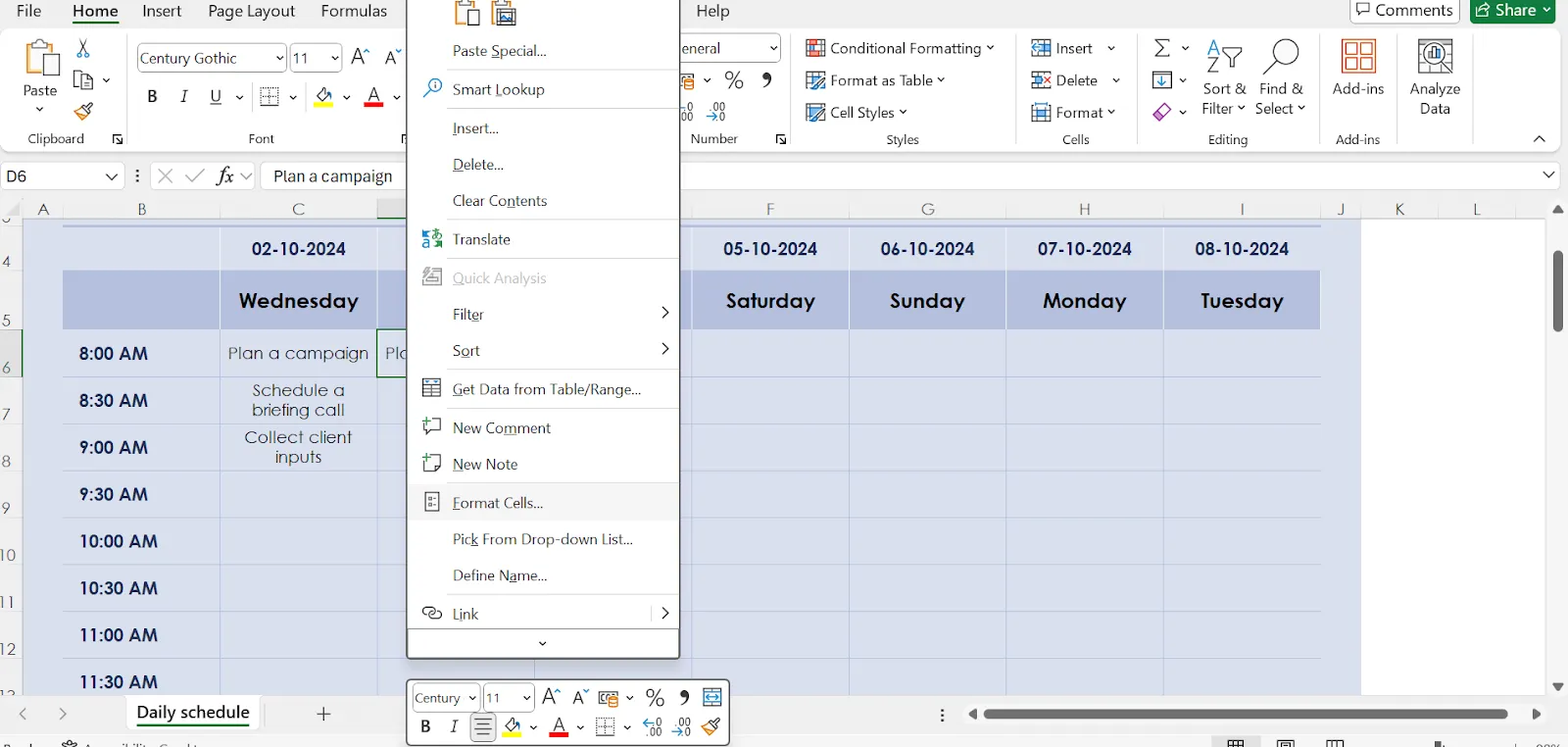 Định dạng mẫu: cách tạo lịch trình trong Excel