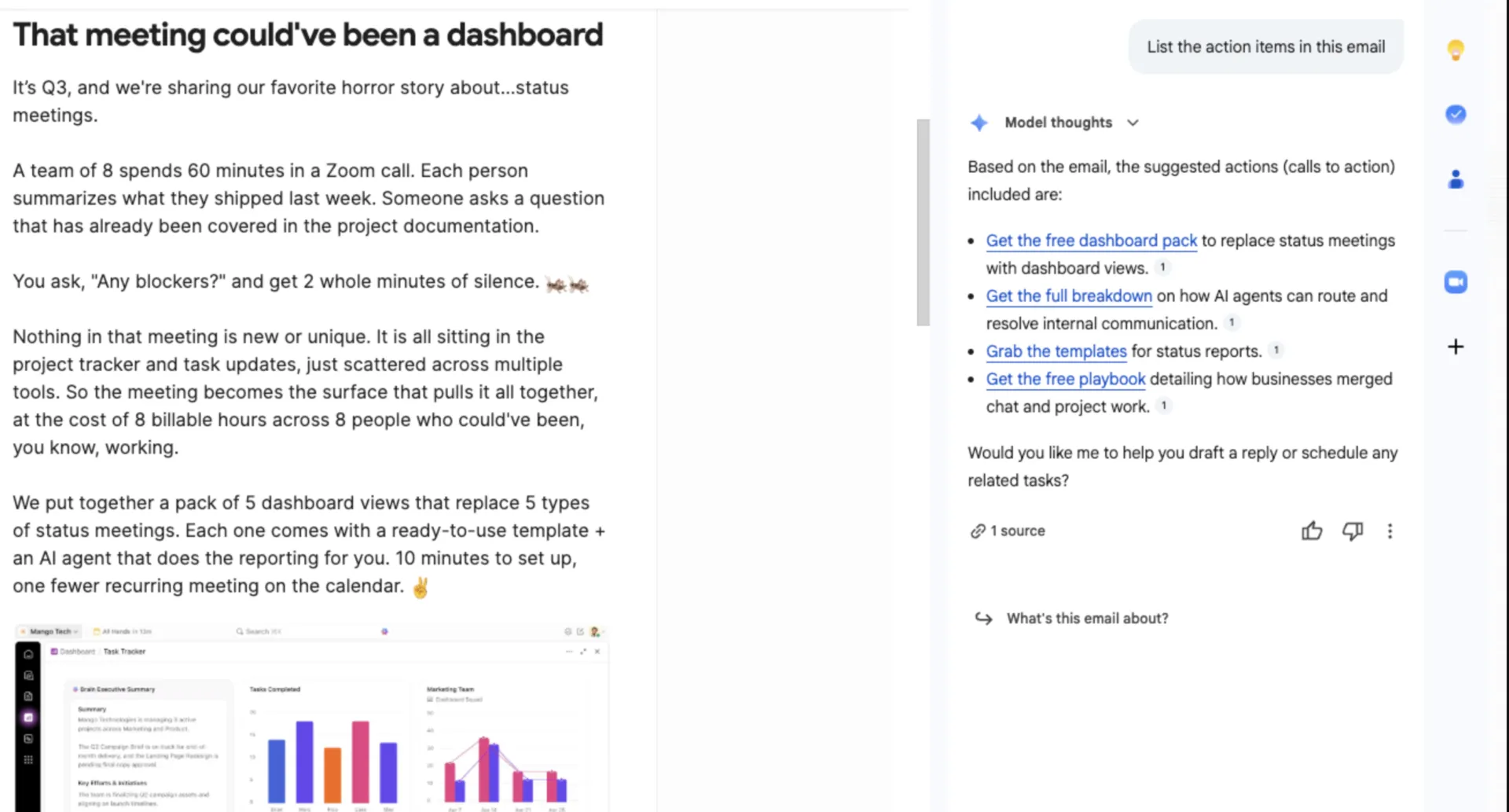 Ein in Gmail geöffneter ClickUp-Newsletter neben der Antwort von Gemini auf die Aufforderung „Liste die Aktionspunkte in dieser E-Mail auf“, in der Links zu einem Dashboard-Paket, einem Artikel über KI-Agenten, Vorlagen und einem Leitfaden verknüpft sind.