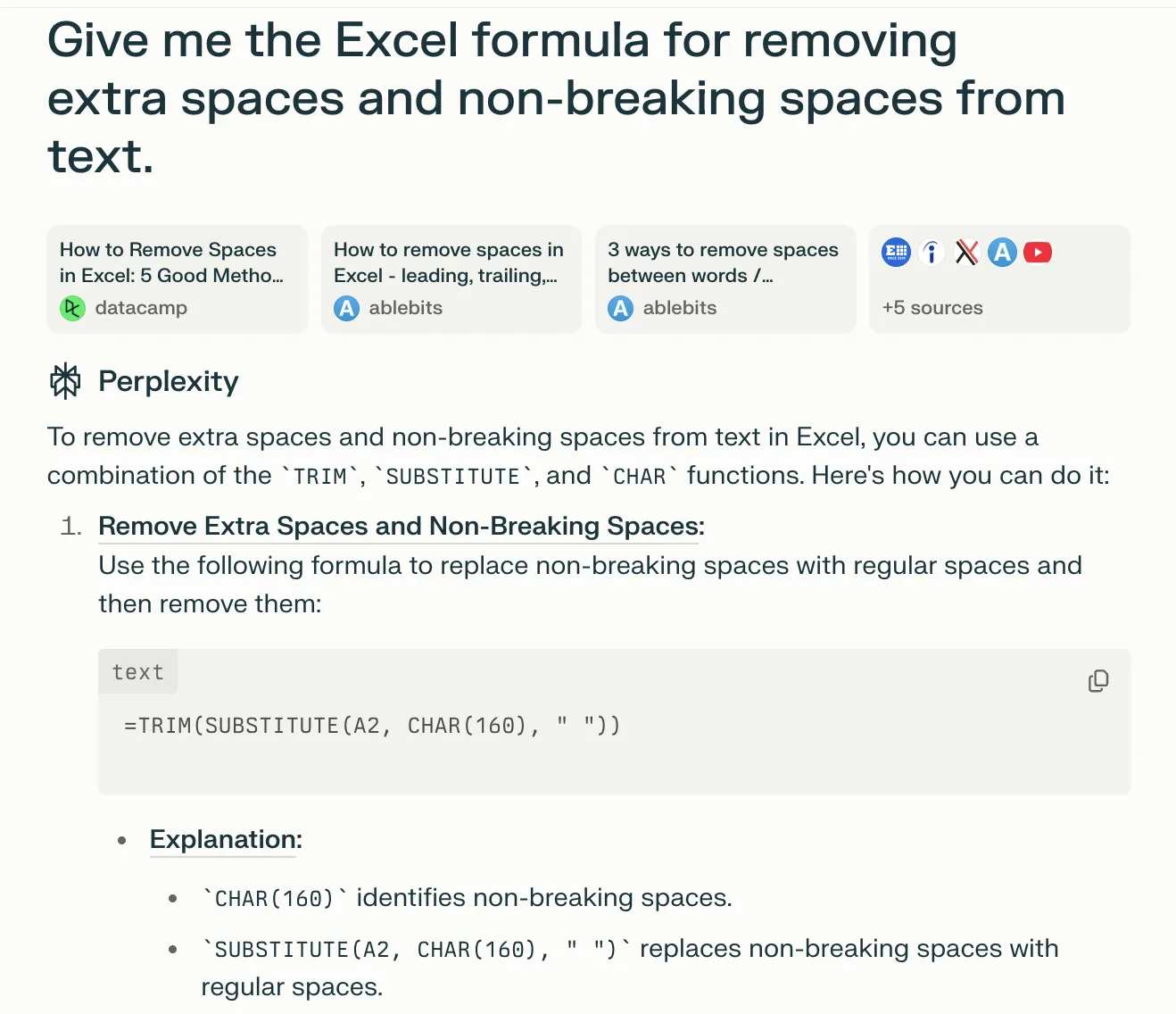 Geef me de Excel formule om extra spaties en niet-brekende spaties uit tekst te verwijderen. Vraag