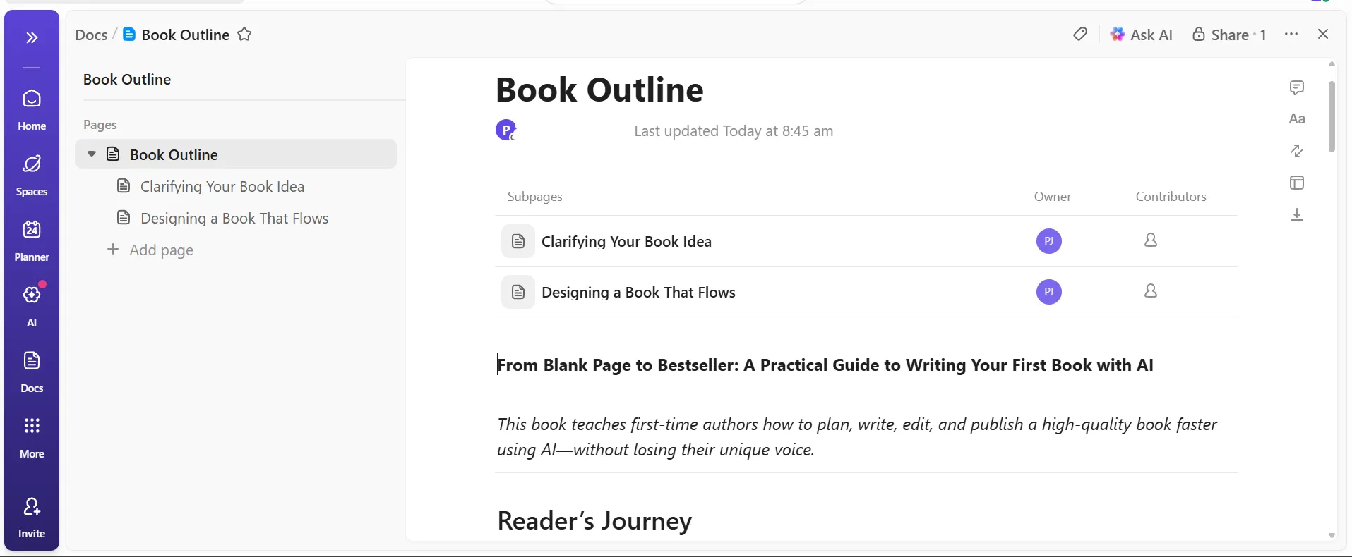 ClickUp Docs: Vázolja fel a fejezeteket egymásba ágyazott oldalakkal, ahelyett, hogy fájlokkal bajlódna, mint a Google Docs esetében.