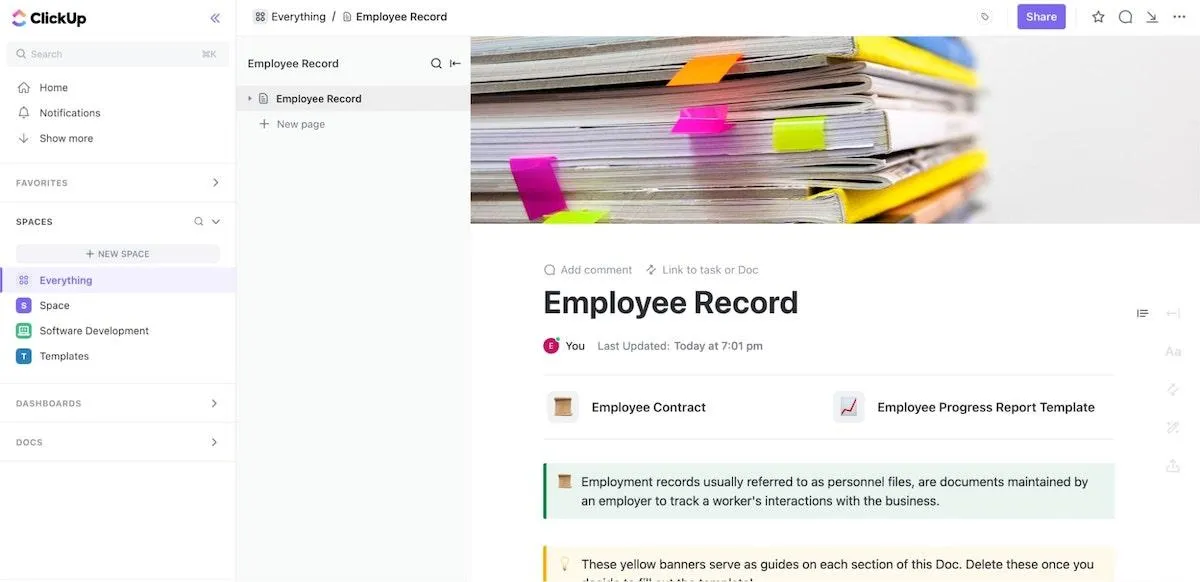 Modèle de fiche d'employé ClickUp