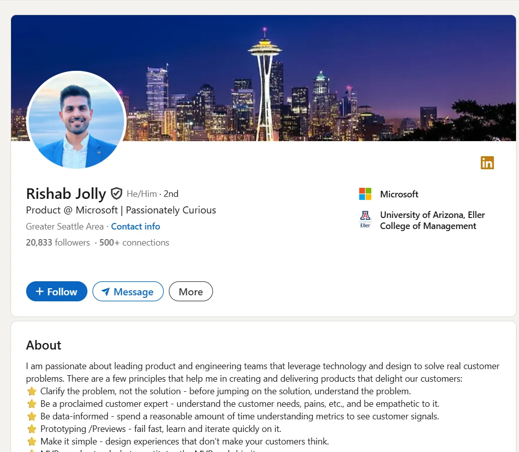 Rishab Jolly profilképe egy város LinkedIn bannerével