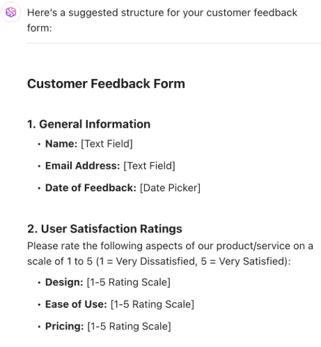 Jotform vs Typeform: Ett exempel på en struktur för ett kundfeedbackformulär skapat av ClickUp Brain