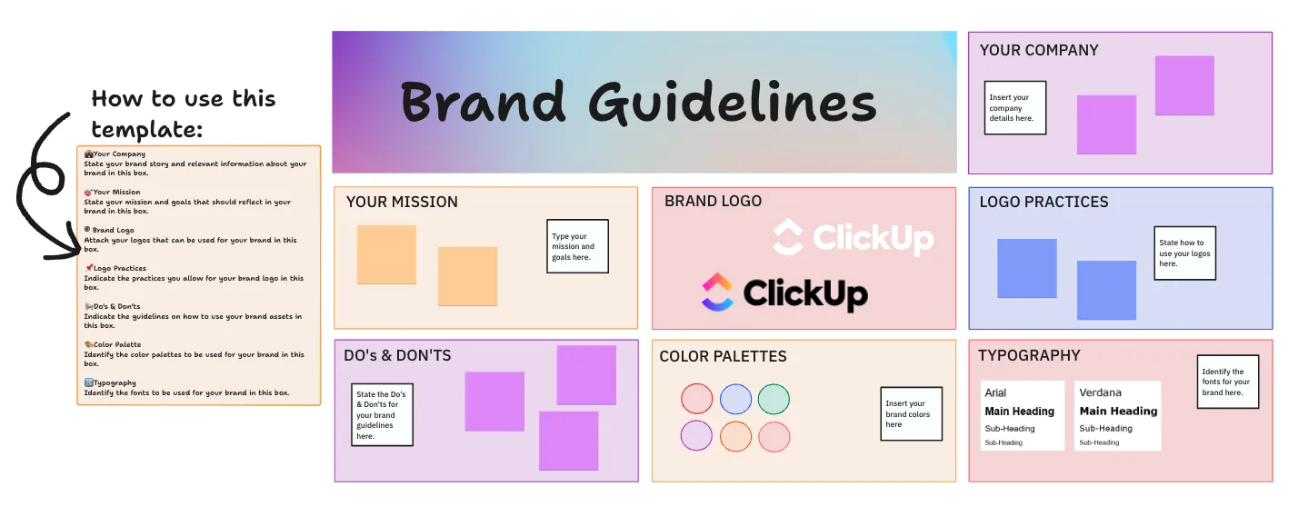 Assurez la cohérence de votre marque grâce au modèle de directives stylistiques ClickUp, qui garantit que tous les membres de l'équipe respectent les mêmes normes.