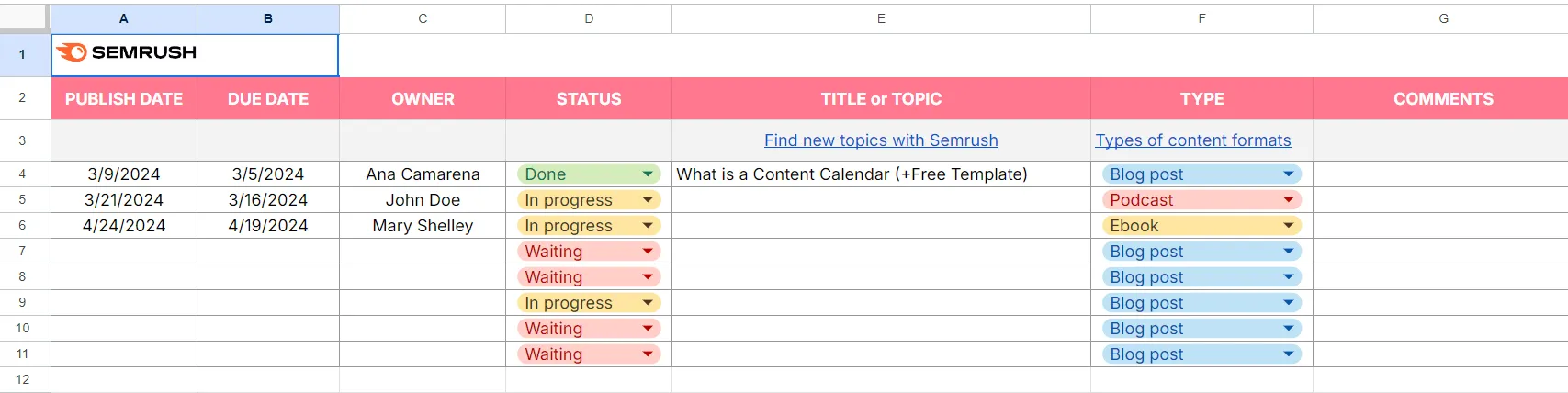 Modello di calendario dei contenuti di Semrush