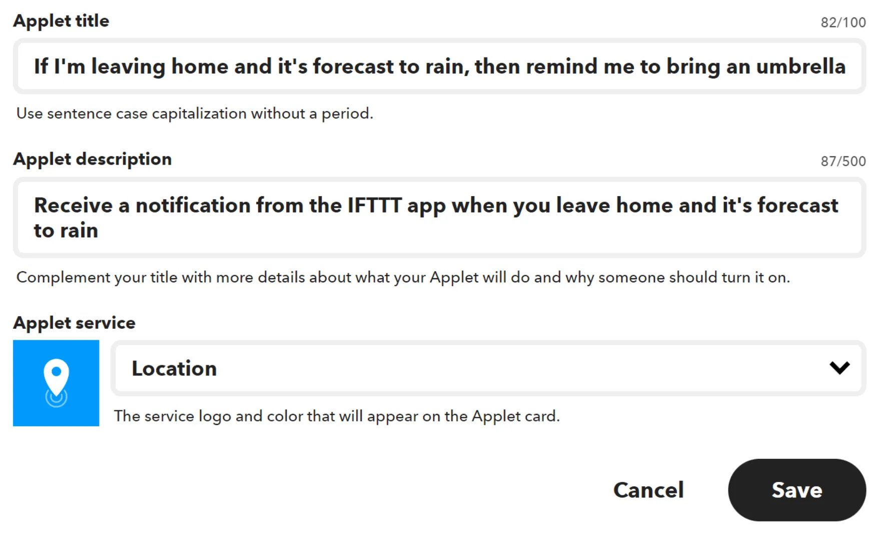Guardar un nuevo applet en IFTTT