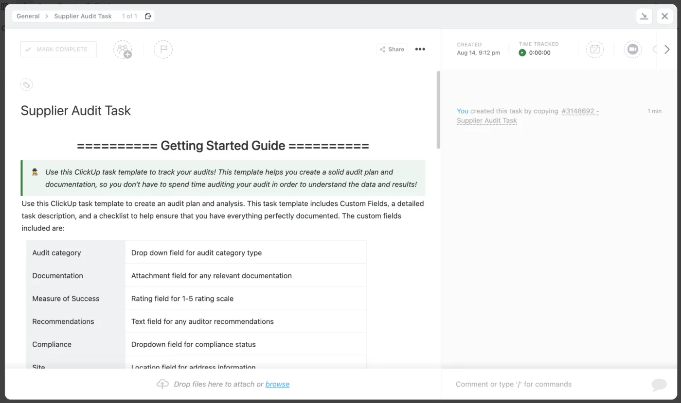 ClickUp-Dashboard für Lieferantenaudits