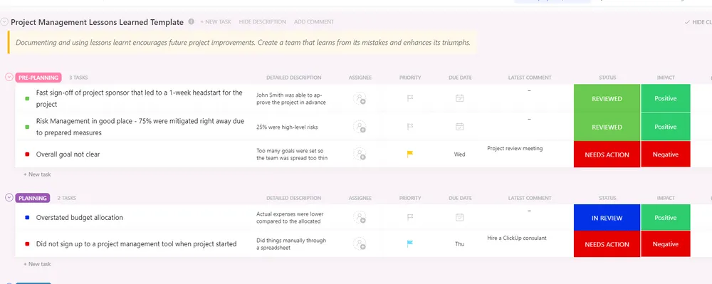 Mẫu bài học kinh nghiệm quản lý dự án ClickUp