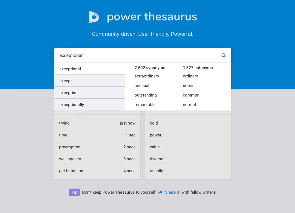 Beispiel für das Schreibtool „Power Thesaurus“