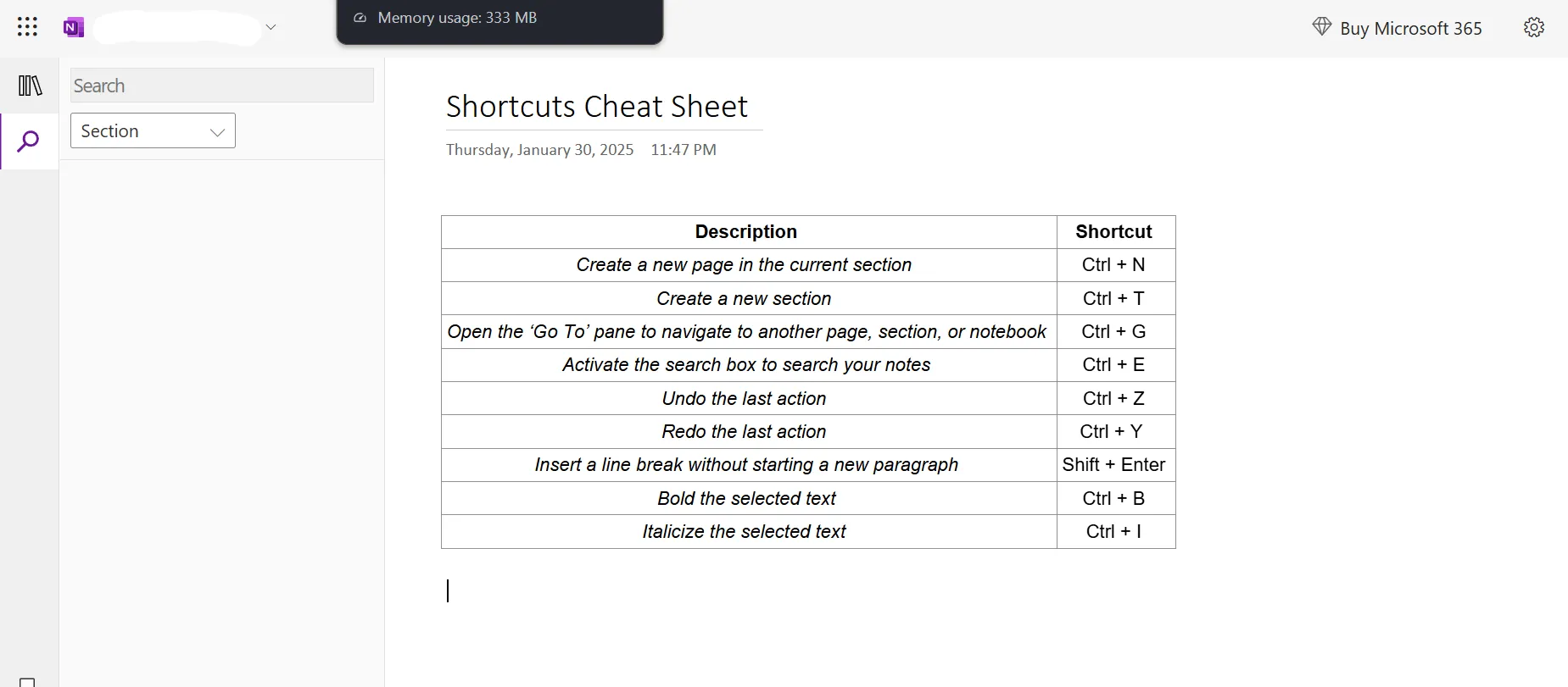 แผ่นโกงทางลัด: ทางลัดใน OneNote