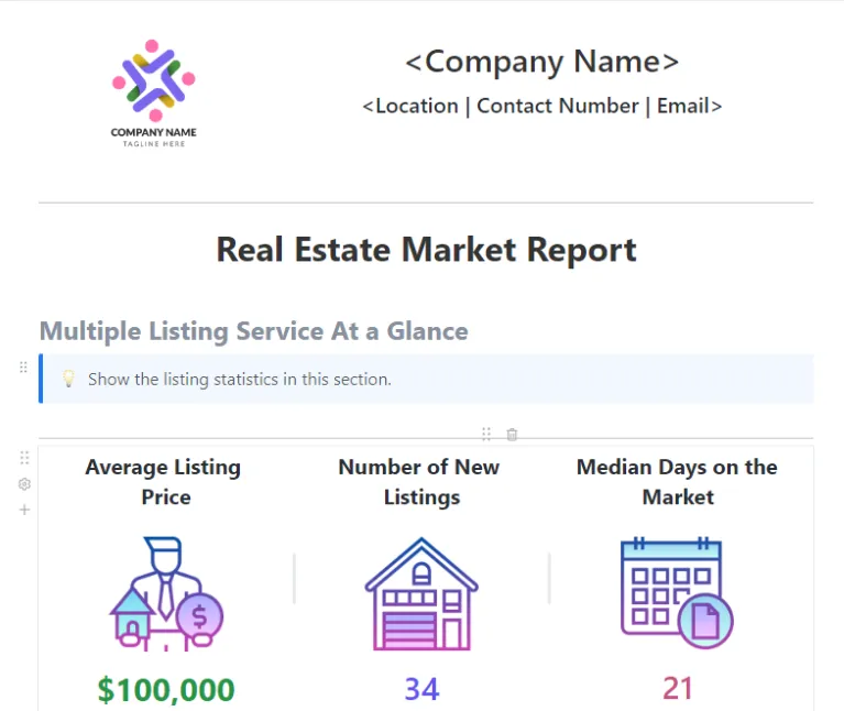 Modèle de plan marketing immobilier : Modèle de rapport sur le marché immobilier ClickUp