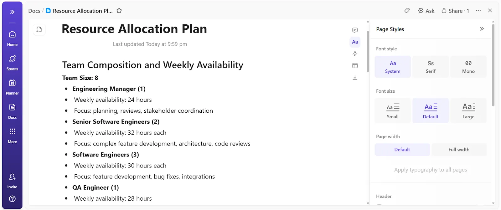 Mettez facilement en forme vos objectifs de sprint et collaborez avec votre équipe dans ClickUp Docs