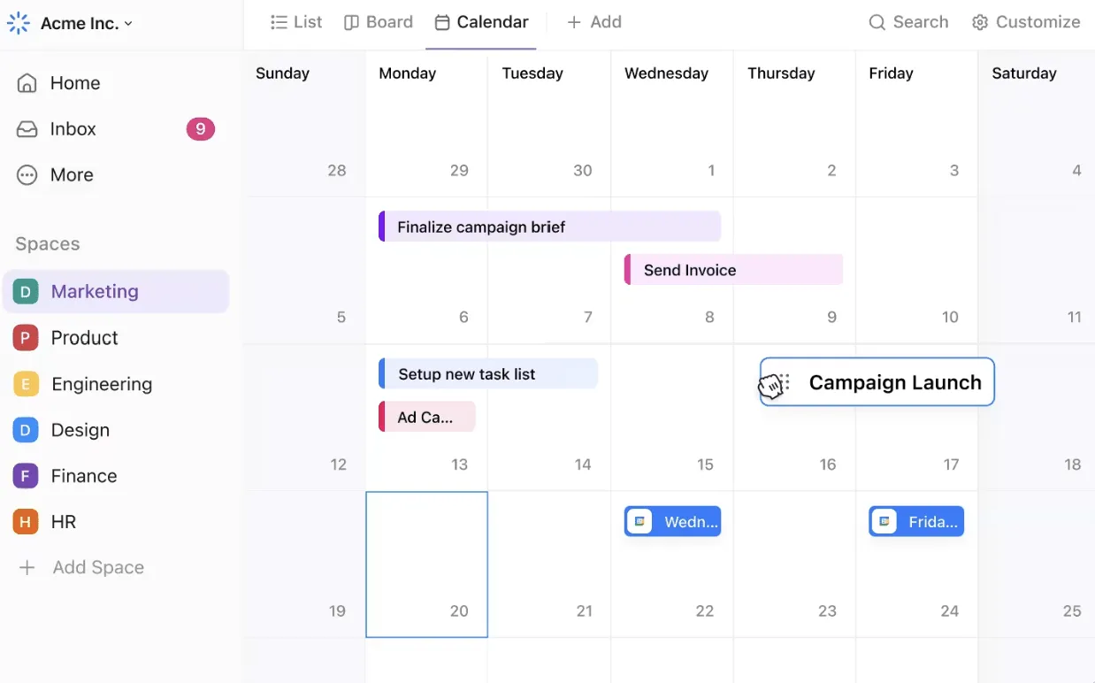 Organisieren Sie Meetings, Aufgaben und Termine an einem Ort mit der ClickUp-Kalender-Ansicht.