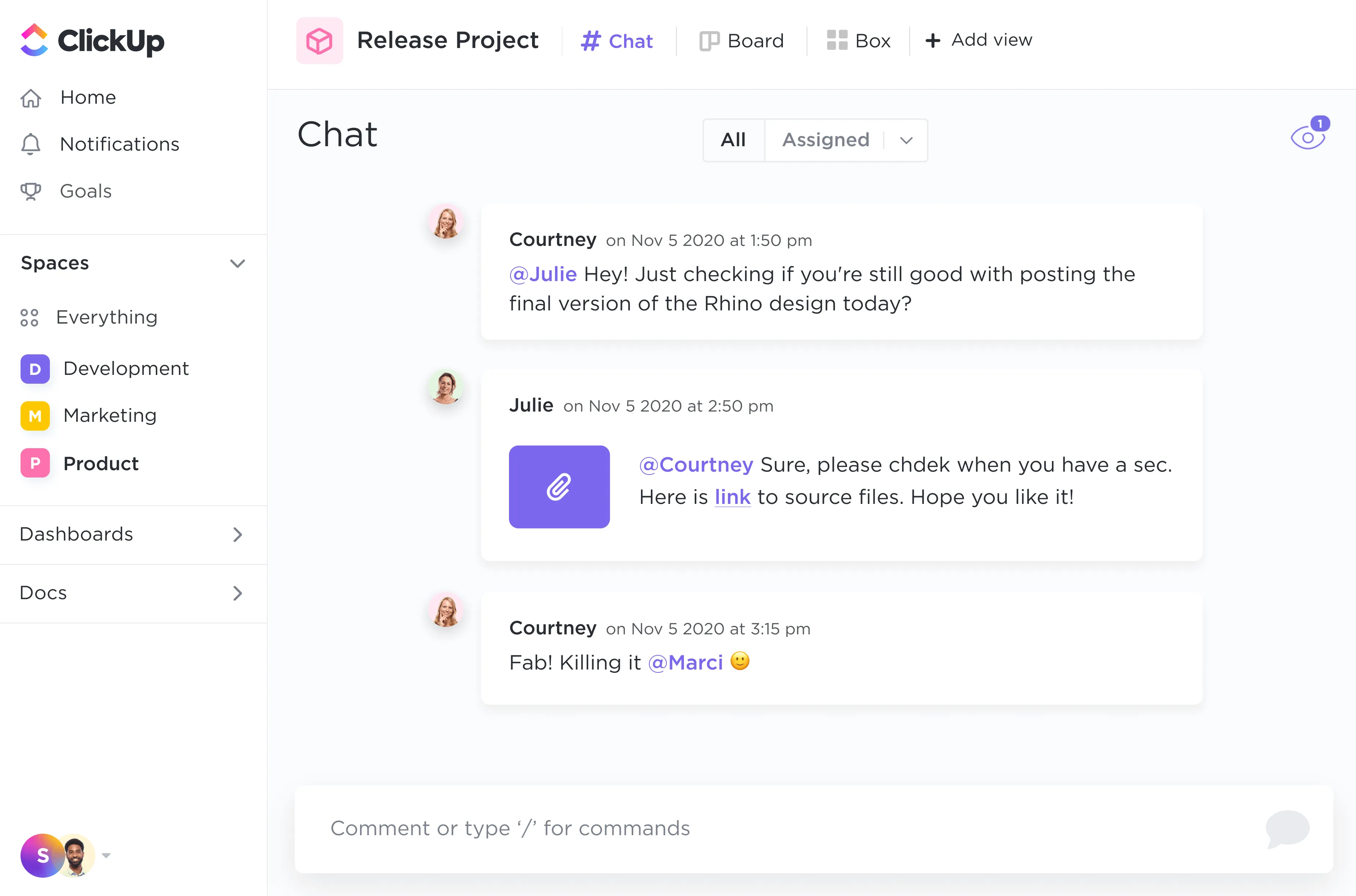 Statistiche sul coinvolgimento dei dipendenti: la vista Chat memorizza tutti i tuoi commenti in ClickUp