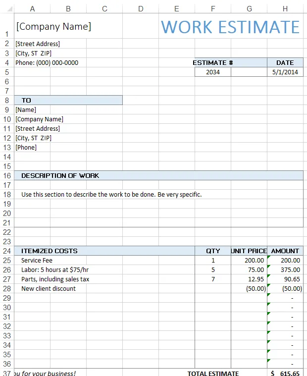 Modelo de Orçamento de Serviço no Excel da Vertex42