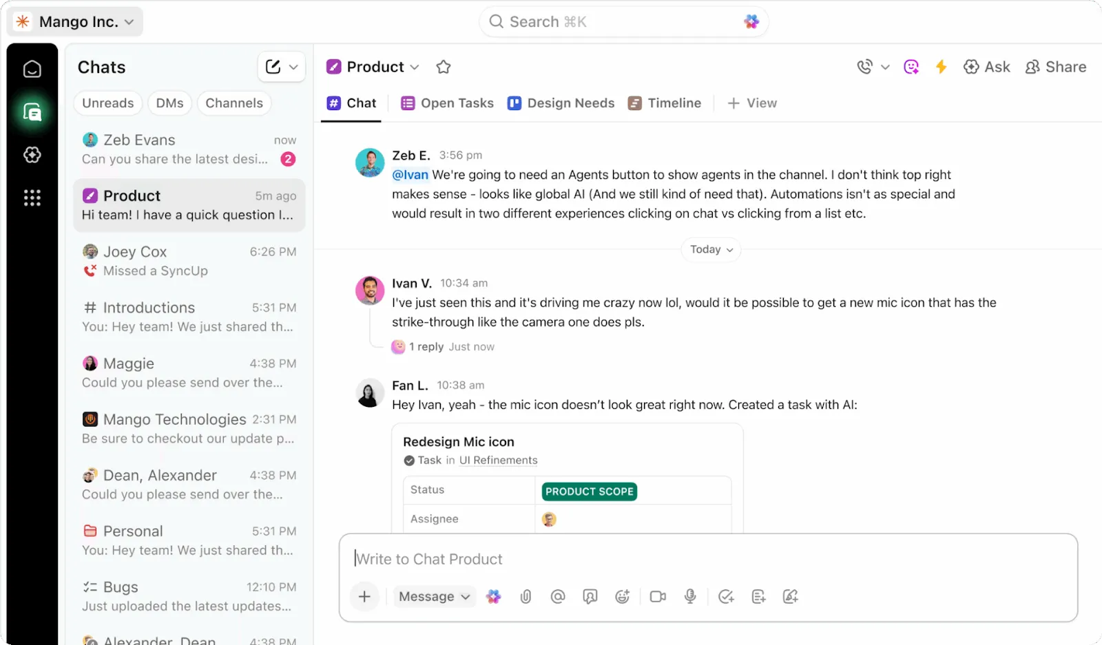 Takım konuşmalarını tek bir yerde toplamak için gerçek zamanlı ClickUp Sohbetleri başlatın