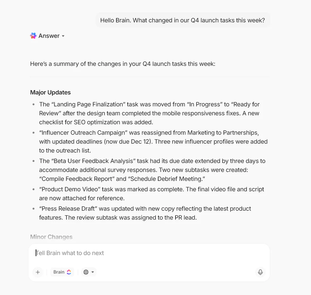 시간을 절약하고 ClickUp Brain을 활용해 ClickUp 작업 공간에서 즉시 인사이트를 추출하세요