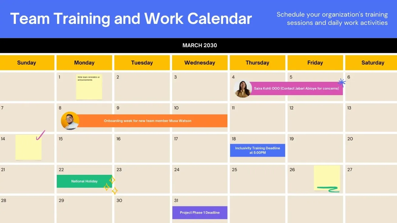 Template Papan Tulis Kalender Pelatihan Tim dan Kerja dalam Gaya Profesional yang Menyenangkan dengan Warna Biru, Kuning, dan Beige