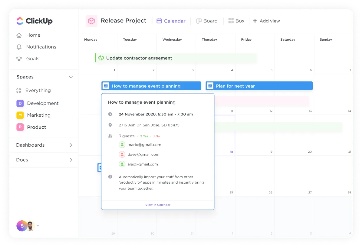 Vista de calendario de ClickUp