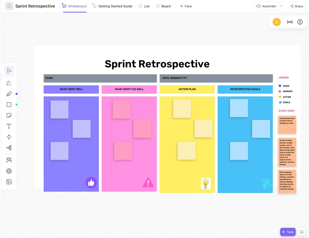 Mẫu Brainstorm Sprint Retrospective của ClickUp