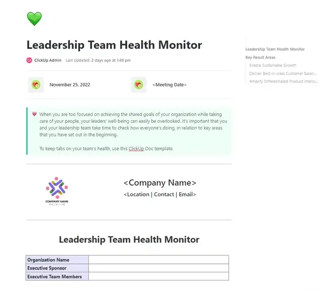 Evalúa y mejora el rendimiento del liderazgo con la plantilla ClickUp Leadership Team Health Monitor.