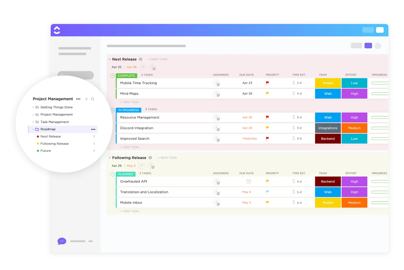 Sjabloon voor projectroadmap van ClickUp