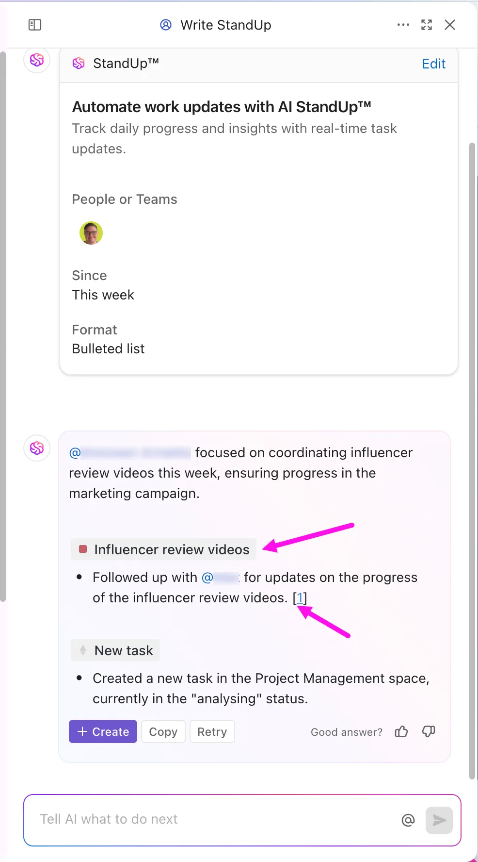 Automatisieren Sie tägliche Standup-Meetings und reduzieren Sie unnötige Status-Meetings mit ClickUp AI