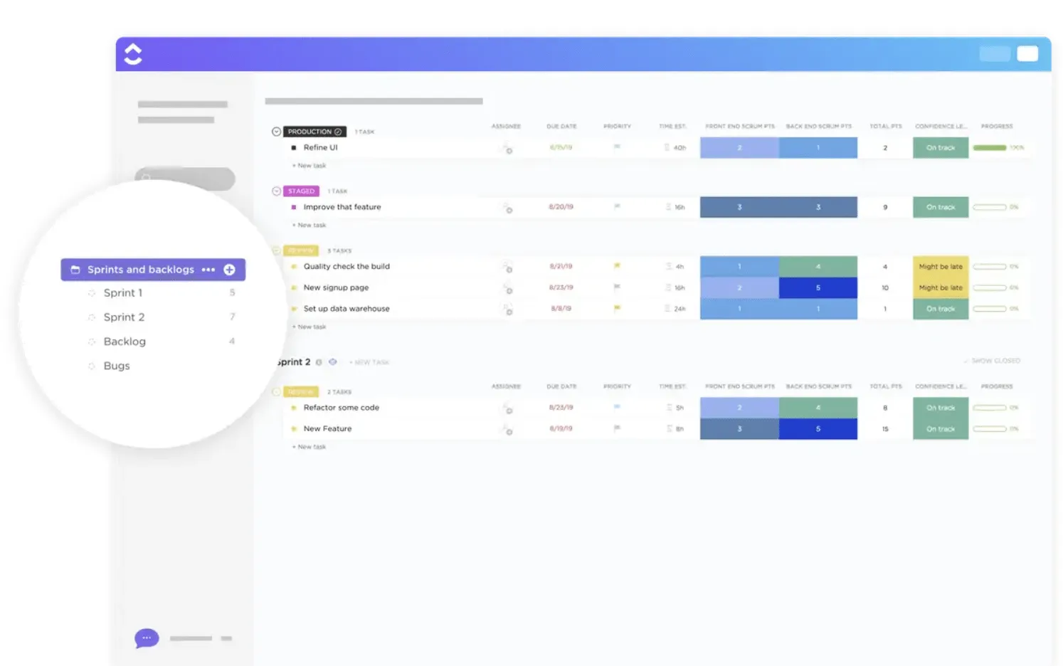 ClickUp のバックログとスプリントテンプレートを使用して、スプリントを追跡および管理し、一貫性のある製品バックログを維持しましょう。