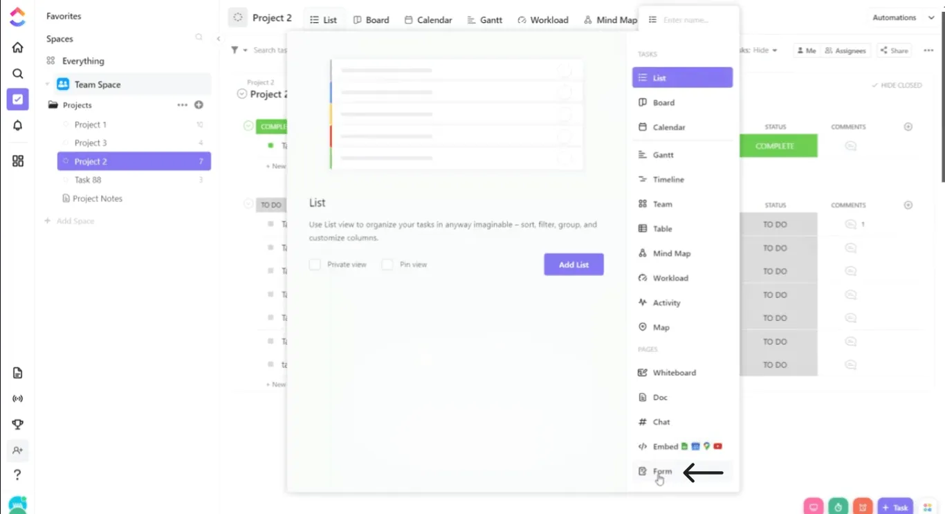 V ClickUp Forms vyberte možnost „formulář“.