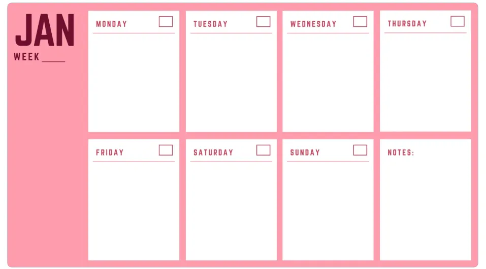 Template Kalender Mingguan Berwarna-warni dengan Ilustrasi
