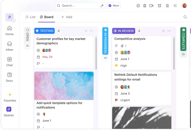 Visualice el estado de diversas iniciativas estratégicas en tiempo real utilizando el tablero Kanban de ClickUp.