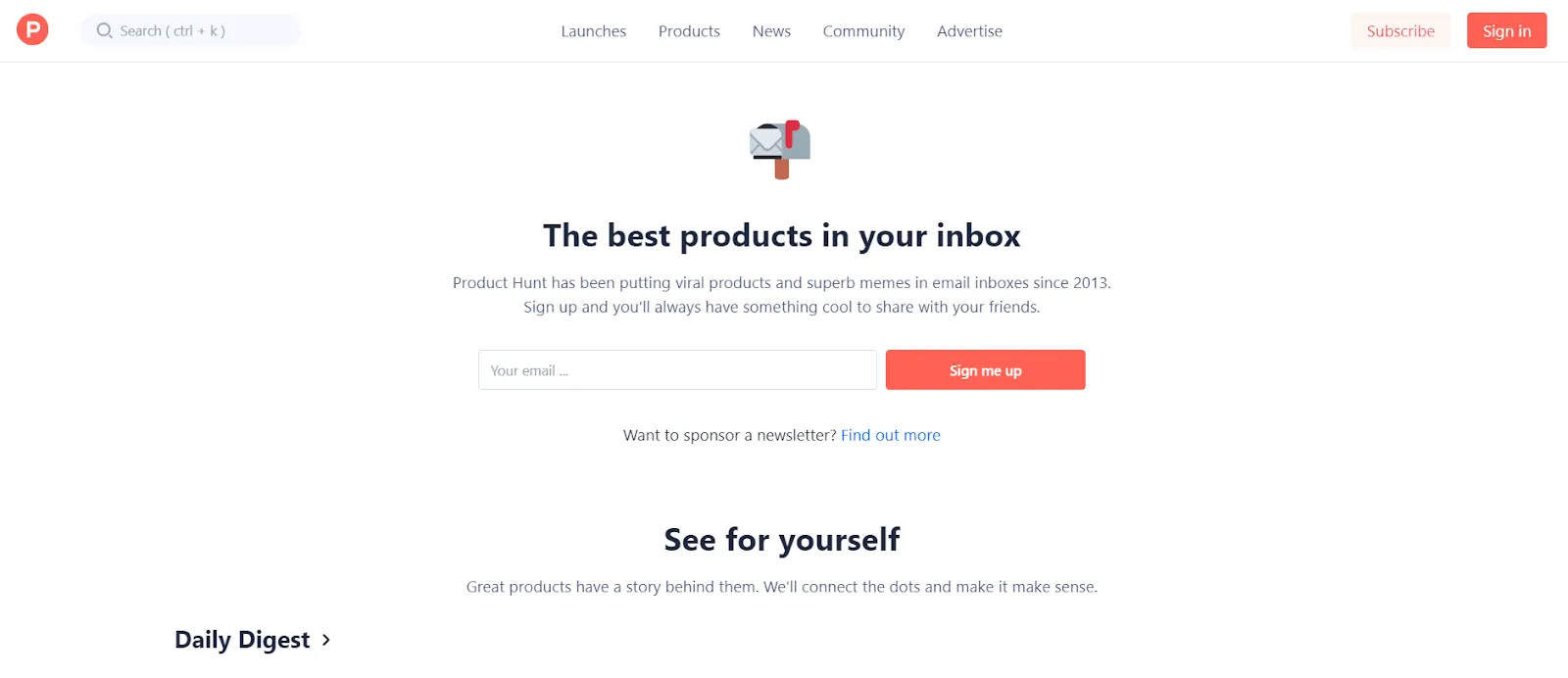 Ảnh chụp màn hình trang chủ của bản tin công nghệ Product Hunt