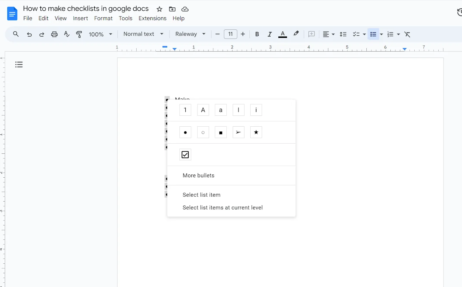 Google Dokümanlar'da madde işaretli kontrol listesi menüsü