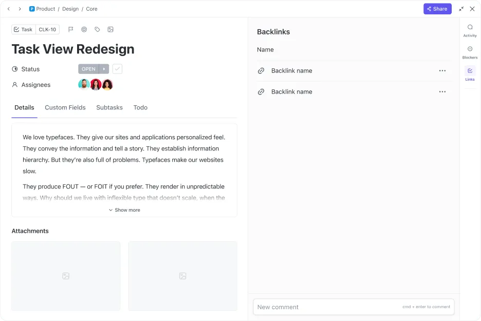 Xem tất cả các liên kết tại một địa điểm với ClickUp Docs Mối quan hệ