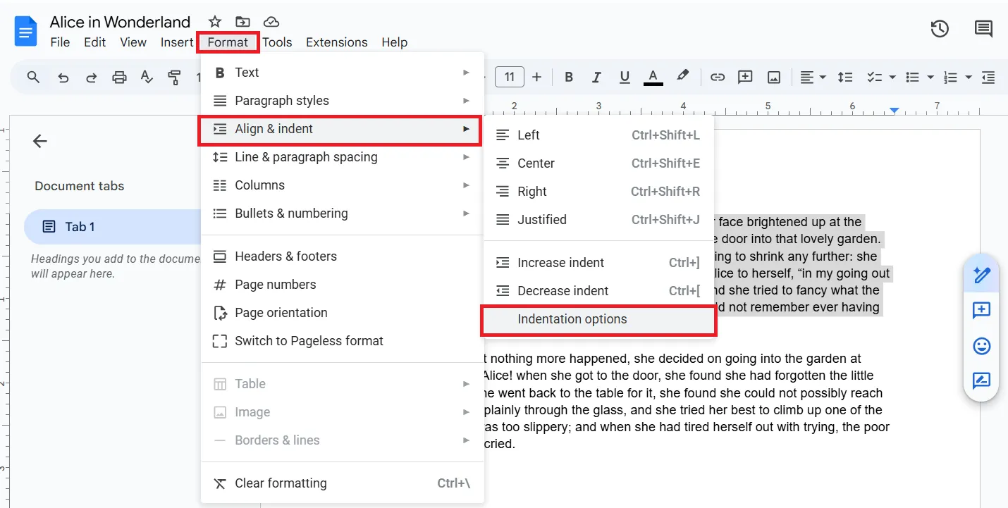 จัดแนวและเยื้อง: เยื้องแบบห้อย Google Docs