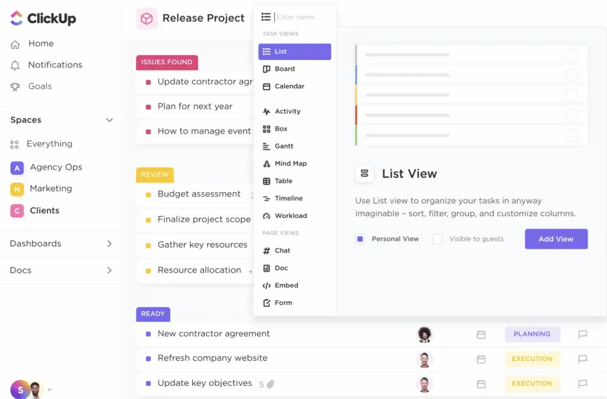 visualizações personalizadas no ClickUp CRM