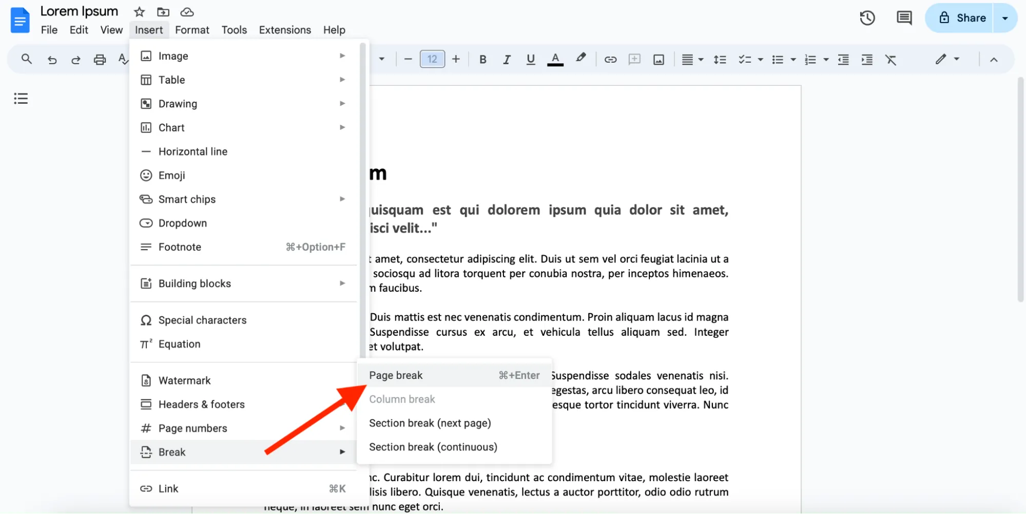 Jenis pemisah di Google Docs
