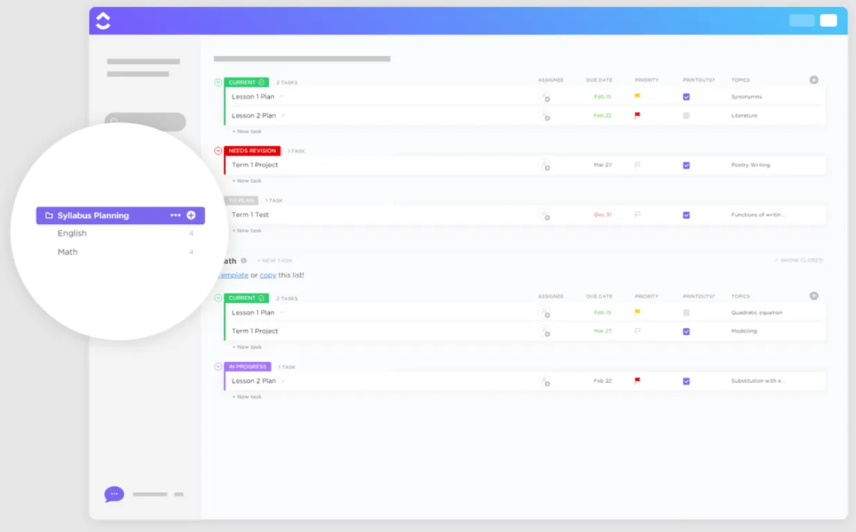 ClickUp Ders Programı Planlama Şablonu