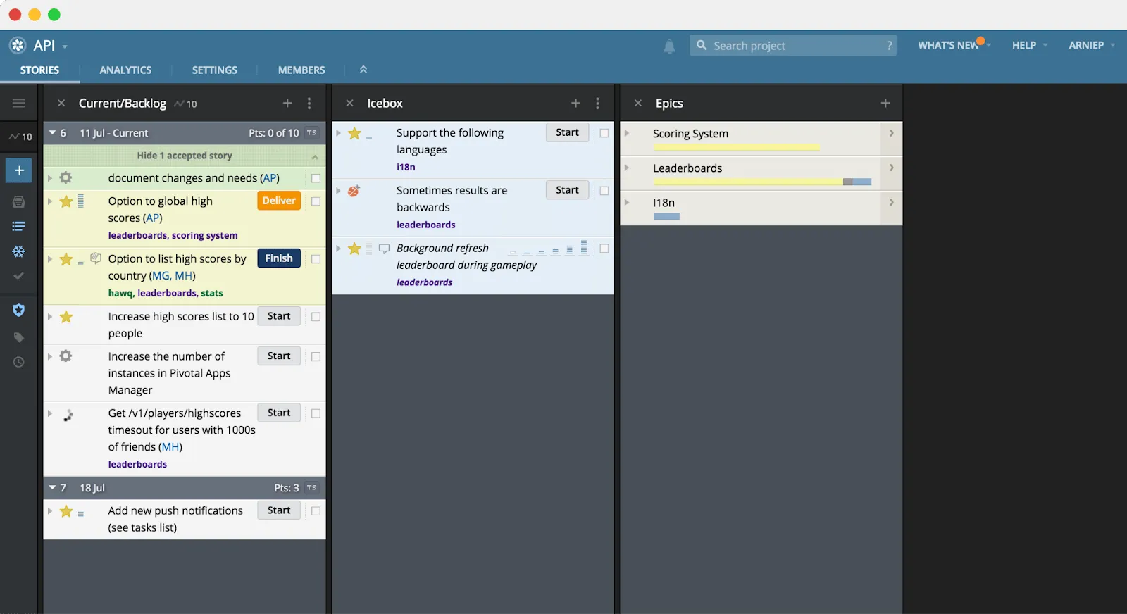 Tableau de bord de Pivotal Tracker,  également présent dans notre liste d'alternatives à Jira