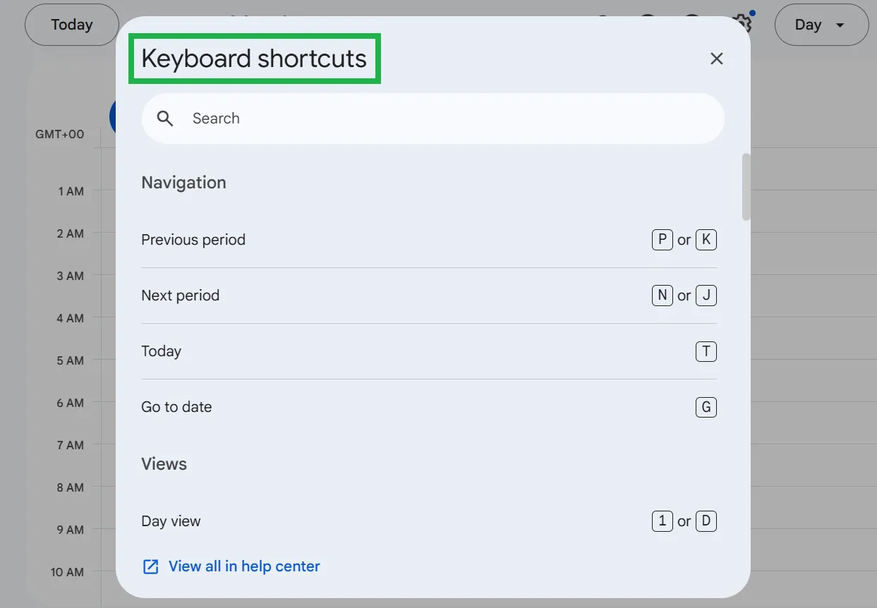Atalhos de teclado: atalhos do Google Agenda
