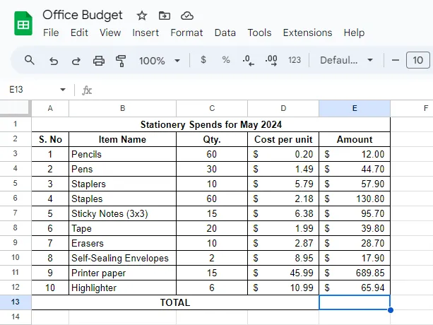 ฟังก์ชัน SUM แบบทำด้วยตนเอง วิธีรวมค่าในคอลัมน์ใน Google Sheets ภาพหน้าจอ 1
