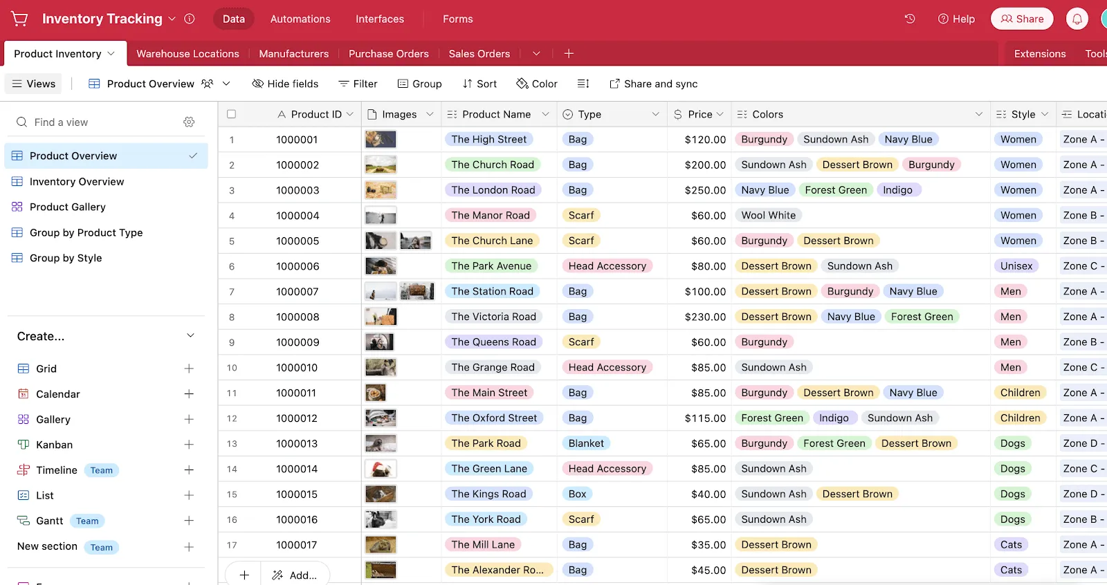 Modello Airtable per il monitoraggio dell'inventario