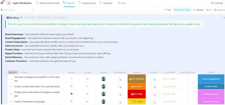 Använd ClickUp Agile Marketing Template-mallar för agila marknadsföringsarbetsflöden.