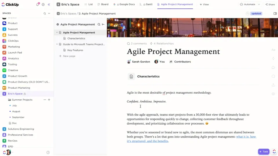 Erstellen, benutzerdefinierte Anpassungen und Zusammenarbeit an Meeting-Agenden – alles in einem übersichtlichen Space mit ClickUp Docs.