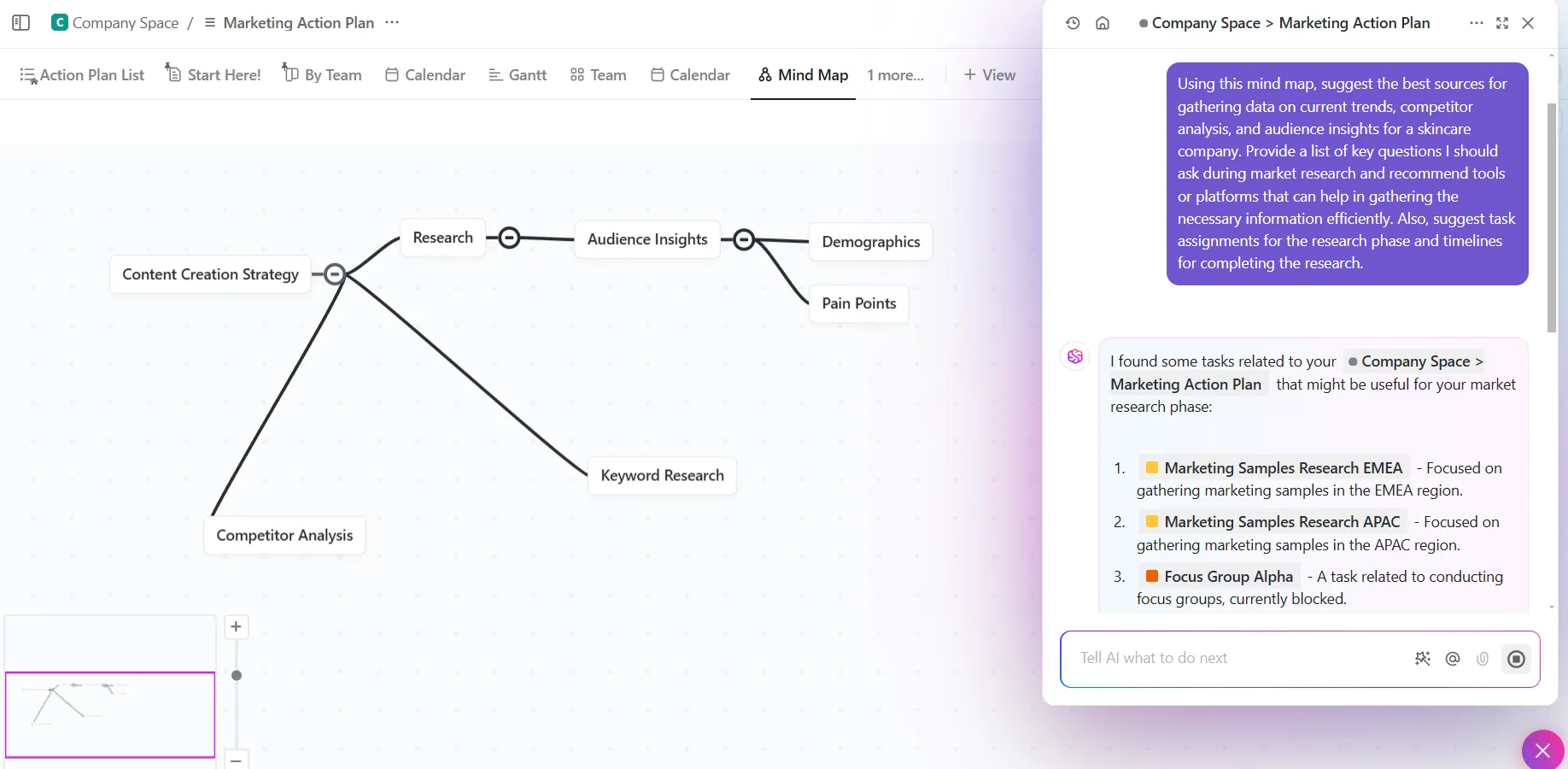 Perfecciona tu investigación con ClickUp Brain para planificar contenidos de forma más rápida e inteligente.