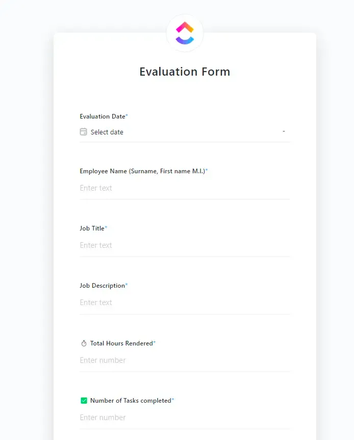 Il modello di modulo di valutazione di ClickUp è progettato per aiutarti a valutare le prestazioni di un membro del team o di un dipendente.