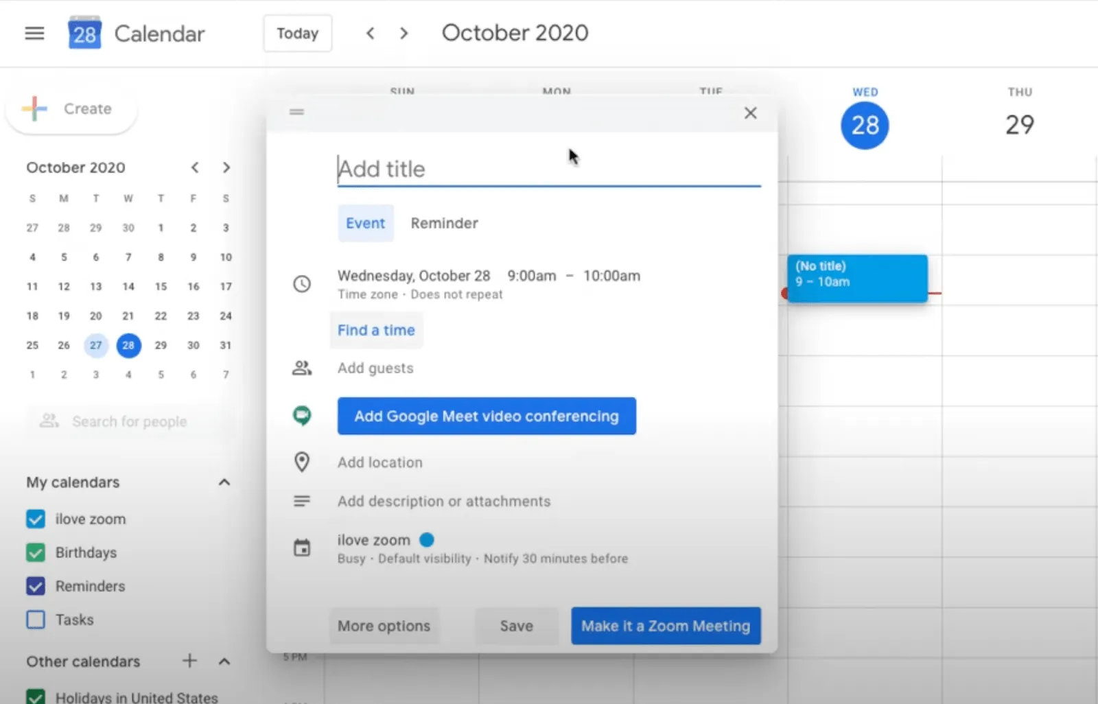Ajustes de reuniones de Zoom a través de Google Calendar