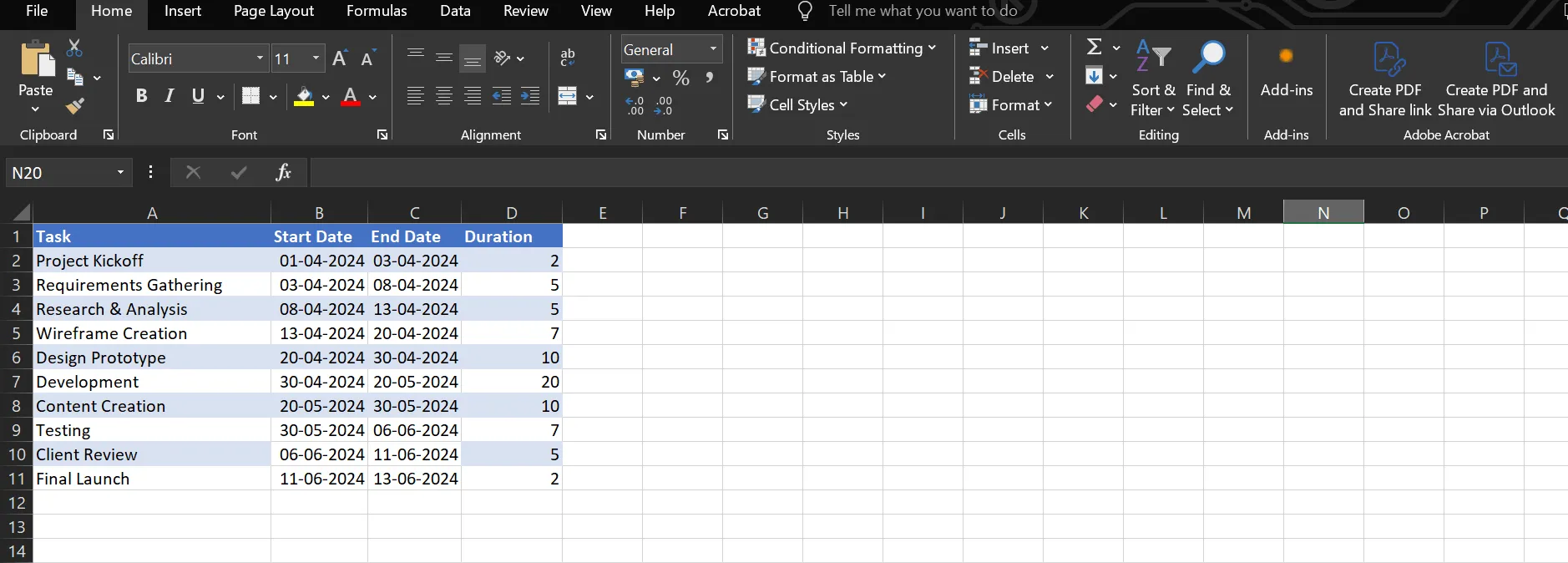 Nhập dòng thời gian dự án của bạn vào Excel