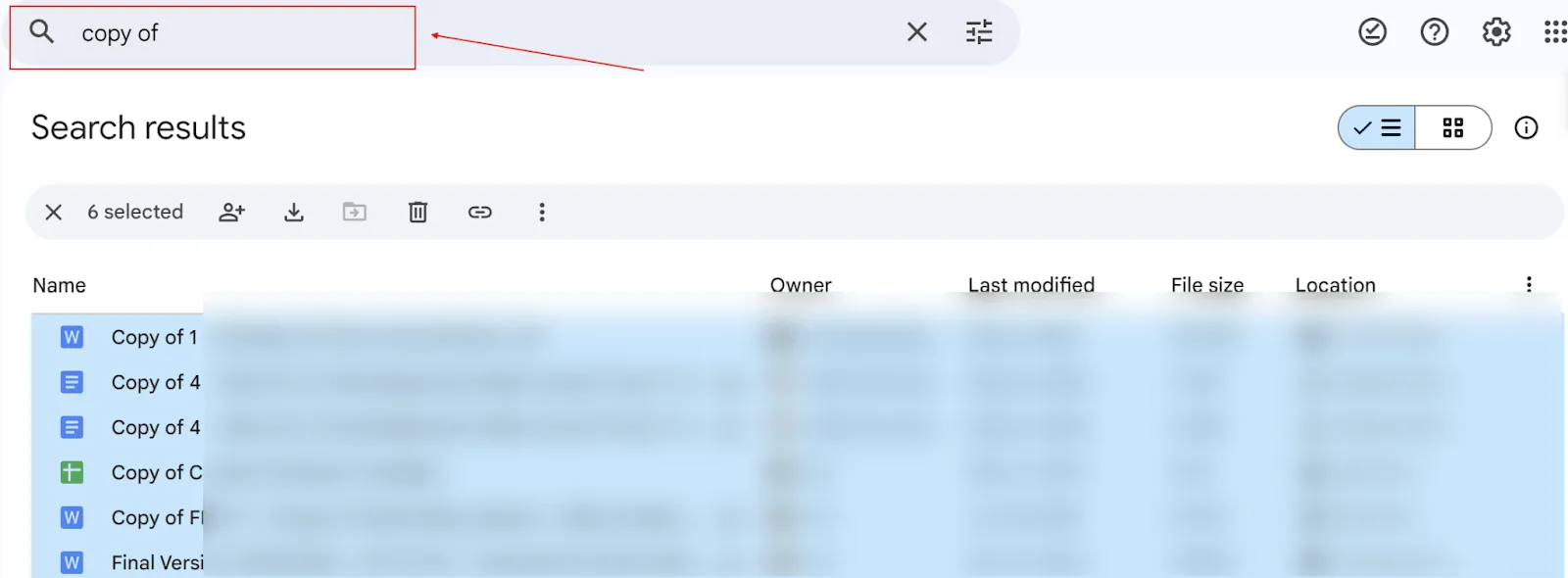 Sử dụng mẹo từ khóa "copy of" để tìm các tệp trùng lặp