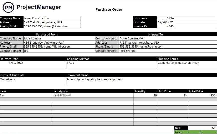 Excel-Vorlage für Bestellungen von ProjectManager